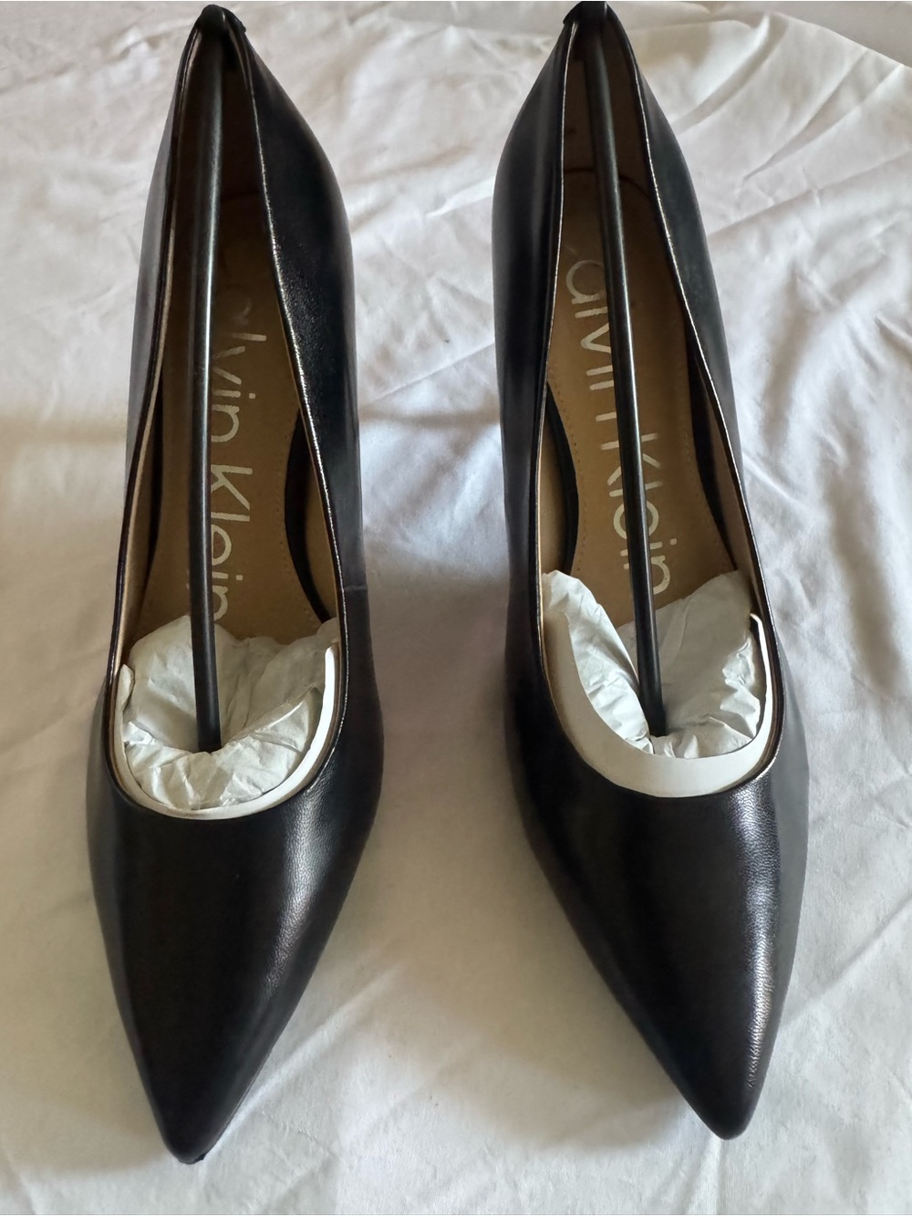 Calvin Klein Black Pointed Leather Pumps with White Trim